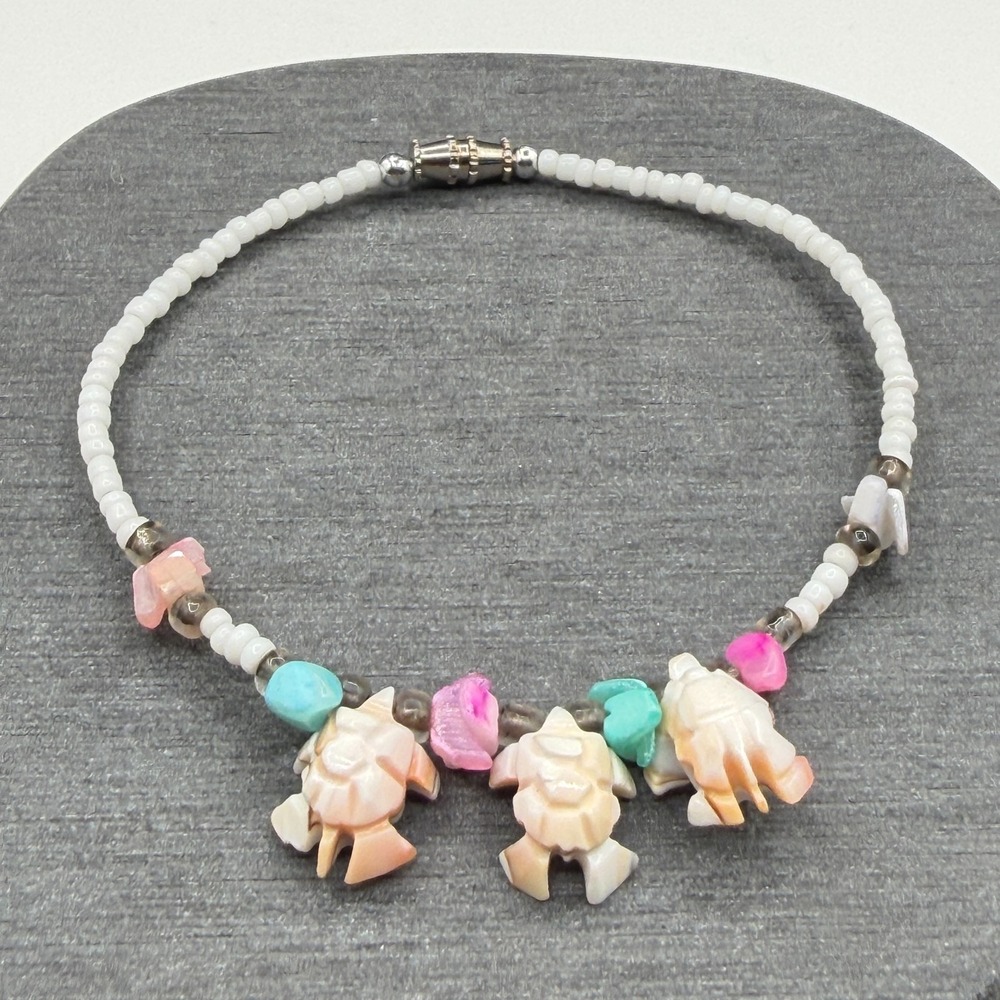 Carved Shell Fish Bracelet White Seed Beads Turquoise Tone Pink Tropical Beach